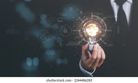 Digital network data connection technology, modern communication with information technology, online backup innovation with highly secured protection, light bulb in businessman hand