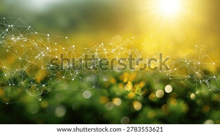 A digital network of glowing nodes and lines superimposed on a soft-focus background of green foliage and bright sunlight, suggesting connectivity in nature.