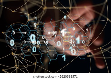 Digital Network: Hand Interacting with Binary Code and Data