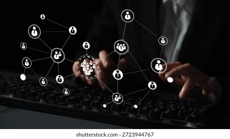 Digital networking concept with interconnected nodes and human figures, representing online communication and social media interactions in a modern workplace Gluon.