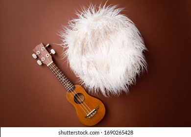 Digital newborn background for baby girls and boys. Brown backdrop and little guitar