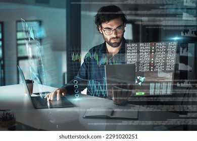 Digital, night and a businessman with technology for the stock market, finance analysis and research. Data, office and an employee reading statistics, stocks and analytics in the dark on tech at work
