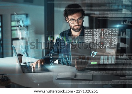 Digital, night and a businessman with technology for the stock market, finance analysis and research. Data, office and an employee reading statistics, stocks and analytics in the dark on tech at work