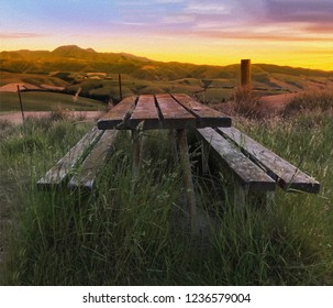 Digital Oil Painting, Beautiful Twilight Picturesque Farmland View Of Middle Valley, Canterbury, New Zealand. Wooden Bench And Table In Natural Morning Light, Refreshing Rural Air At Sunrise.  