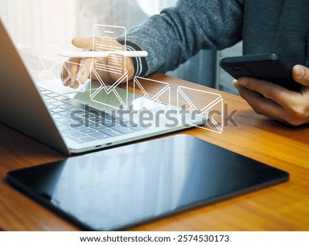 Digital online e-invoice concept, e-tax invoice document by electronic mail, businessman opening and reading on laptop computer with digital receipt icon.