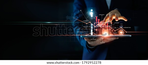 
Digital online marketing, Businessman using
tablet and analysis sale data graph growth on modern interface
icons on strategy, Solution analysis and development contents on
global network
connection.