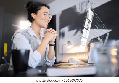 Digital overlay, futuristic computer data and ai hologram with a asian woman with 3d design. Ux, future and laptop infographic of a virtual reality designer employee doing a graphic analysis on web