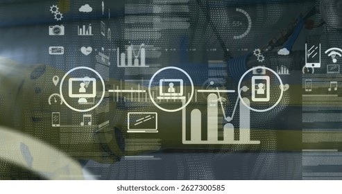 Digital overlay showing network icons, bar chart and data flow lines over pipelines in plant. Industrial, technology, connectivity, analytics, infrastructure, engineering, futuristic