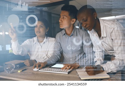 Digital, overlay and team of business people in office for problem solving system in future technology. Hologram, man and women working together in programming, code and online metrics at data agency - Powered by Shutterstock