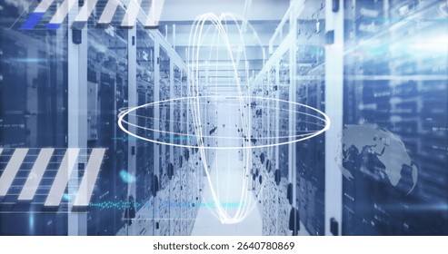 Digital overlays glowing in data center corridor, with server racks, cables and blinking lights. Technology, data transmission, networking, cybersecurity, futuristic, industrial, innovation