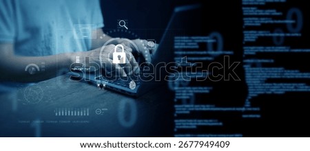 Digital padlock and computer code hologram representing cybersecurity, technology protection, online privacy, hacking prevention, secure data access, encrypted system and cyber defense concept.