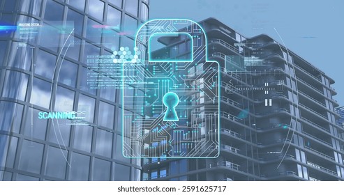 Digital padlock and data security image over modern office buildings. Cybersecurity, encryption, data protection, information security, corporate security, digital lock
