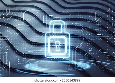 Digital padlock glowing with binary code and circuitry overlay on a wavy dark background, representing cybersecurity and encryption concepts