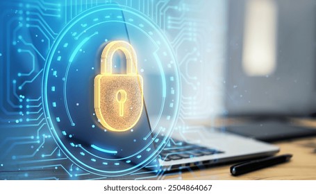 Digital padlock hologram overlaying a laptop on a desk, with a blue circuit background. Concept of cybersecurity and data protection