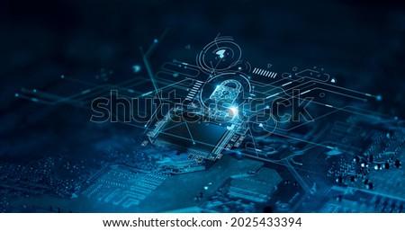 Digital padlock icon, cyber security network and data protection technology on virtual interface screen. Online internet authorized access against cyber attack.and business data privacy concept.