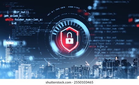 A digital padlock shield icon with binary codes and programming elements, overlayed on a city skyline background. Concept of cybersecurity