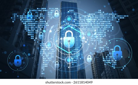 Digital padlocks and holographic tech elements over city skyscrapers, double exposure style on urban background, representing cybersecurity concept