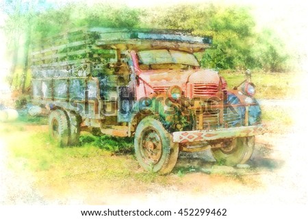 Digital painting Old Truck in the pasture.