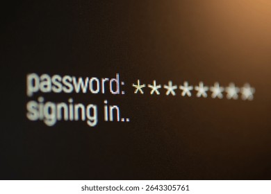 Digital password entry on a screen during login. Close-up of a computer screen displaying password and "signing in.." inscriptions, representing a digital authentication process