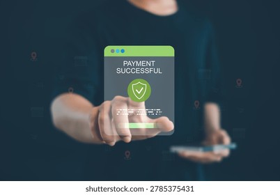 Digital payment successful notification interface with secure online transaction, fintech verification, ecommerce checkout, financial protection, and cashless technology.