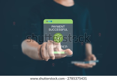 Digital payment successful notification interface with secure online transaction, fintech verification, ecommerce checkout, financial protection, and cashless technology.