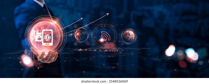 Digital Payments: Businessman hand holding globe with network connecting data of digital technology, secure transactions, cashless society, financial inclusion, instant payments. - Powered by Shutterstock - Get 15% off with code: PIKWIZARD15