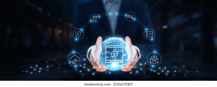 Digital Payments: Businessman hands hold global digital payments technology, security, convenience, transactions, accessibility, efficiency, innovation, trust.