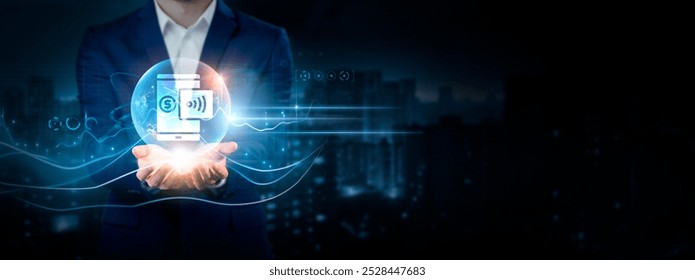 Digital Payments: Businessman Holding Global Network Connection of Data. Global Business. Transactions, Security, Innovation on Cyberspace.