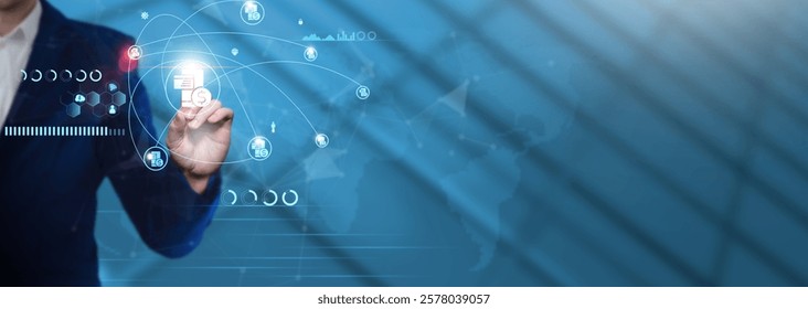 Digital Payments: Businessman pointing with Digital Payments icon and Technological Business Data Network. Secure Transactions, Seamless Integration, Financial Inclusion.