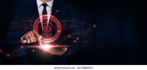 Digital Payments Businessman Uses Tablet and Digital Networking Interface on Digital Payments Icon on Financial Platforms, Global Markets