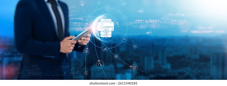 Digital Payments: Seamless transactions, businessman uses tablet and synchronizes with the structure of financial data on network for working in the futuristic business, security, convenience.