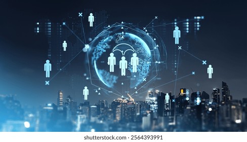 Digital people icons interconnected by lines over a glowing globe and futuristic cityscape background, representing global social media networks - Powered by Shutterstock