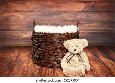 Digital Photography Background Of Rustic Wood Backdrop And Woven Basket With Teddy Bear
