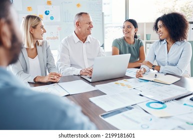 Digital Planning, Strategy And Finance Business People Meeting On Financial Update, Company Analytics Report And Project Management. CEO Or Manager Talking Of Paperwork Or Website Marketing Growth