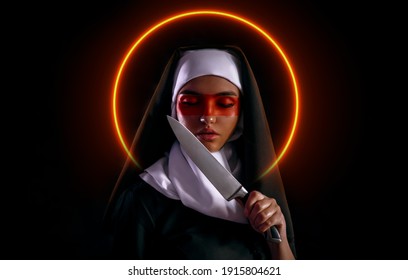digital portrait of a nun, knife in hand, on a black background, in a neon circle