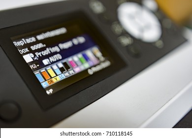 Digital print machine, Ink jet Printing print cartridges level dispolay information. Dof copyspace background