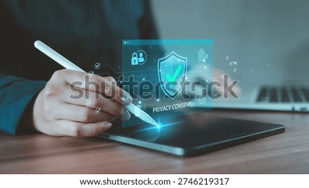 Digital Privacy Consent interface with biometric authentication for secure GDPR compliance on tablet, Digital consent, Data protection officer, Technology management, Verified access