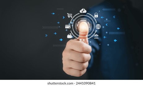Digital processing of biometric identification fingerprint scanner for access personal financial data. surveillance and security scanning ofdigital programs cyber futuristic applications