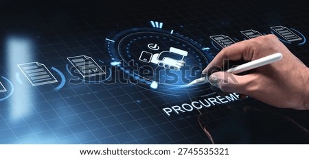 Digital procurement concept interface with icons of documents and handshake symbol, creative futuristic style on a glowing blue tech background