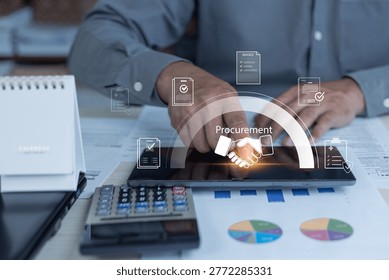 Digital procurement concept with tablet interface, handshake icon, invoices and business reports showing supplier management and purchasing workflow.