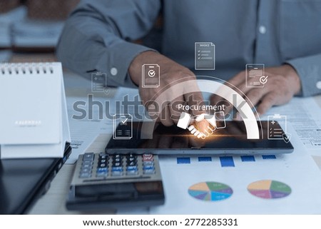 Digital procurement concept with tablet interface, handshake icon, invoices and business reports showing supplier management and purchasing workflow.