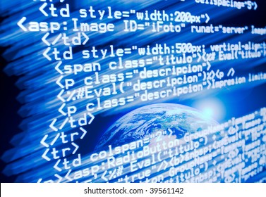Digital program code with a earth globe background. All the code is from a real website of my own.