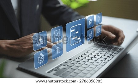 Digital project management system with virtual dashboards, progress tracking and workflow icons. Business professional monitoring tasks, resources and deadlines via an online platform.