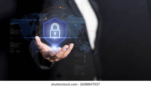 Digital protection concept highlighting cybersecurity, glowing shield with padlock, privacy technology, encrypted datum, world map symbolizing global data security.