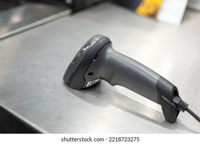 A Digital Qr Bar Code Scaning For Payment Product Placed On Supermarket Cashier Counter Service. Bunisess And Technology Object Equipment. Close-up.