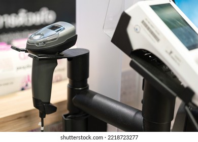 A Digital Qr Bar Code Scaning For Payment Product Placed On Supermarket Cashier Counter Service. Bunisess And Technology Object Equipment. Close-up.