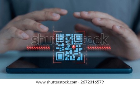 Digital QR code on a smartphone showing hacker icon and warning alert, representing fraud detection, phishing scam, and cybersecurity risk in mobile payment.
