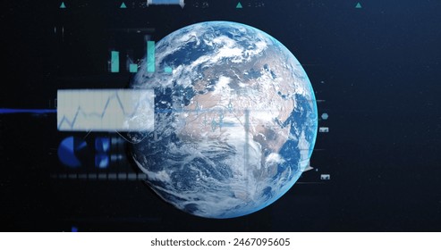 A digital representation of Earth with various data charts and graphs overlaying image. The background is dark, starry space, emphasizing the global data visualization theme