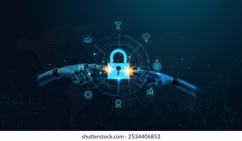 A digital representation of robotic hands engaging with a secure lock symbol, symbolizing cybersecurity and technology innovation. - Powered by Shutterstock