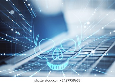 A digital representation of a skull hologram projected above a laptop keyboard, symbolizing the concept of cybersecurity threats